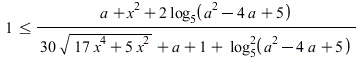 `<=`(1, `/`(`*`(`+`(a, `*`(`^`(x, 2)), `*`(2, `*`(log[5](`+`(`*`(`^`(a, 2)), `-`(`*`(4, `*`(a))), 5)))))), `*`(`+`(`*`(30, `*`(sqrt(`+`(`*`(17, `*`(`^`(x, 4))), `*`(5, `*`(`^`(x, 2))))))), a, 1, `*`(`...